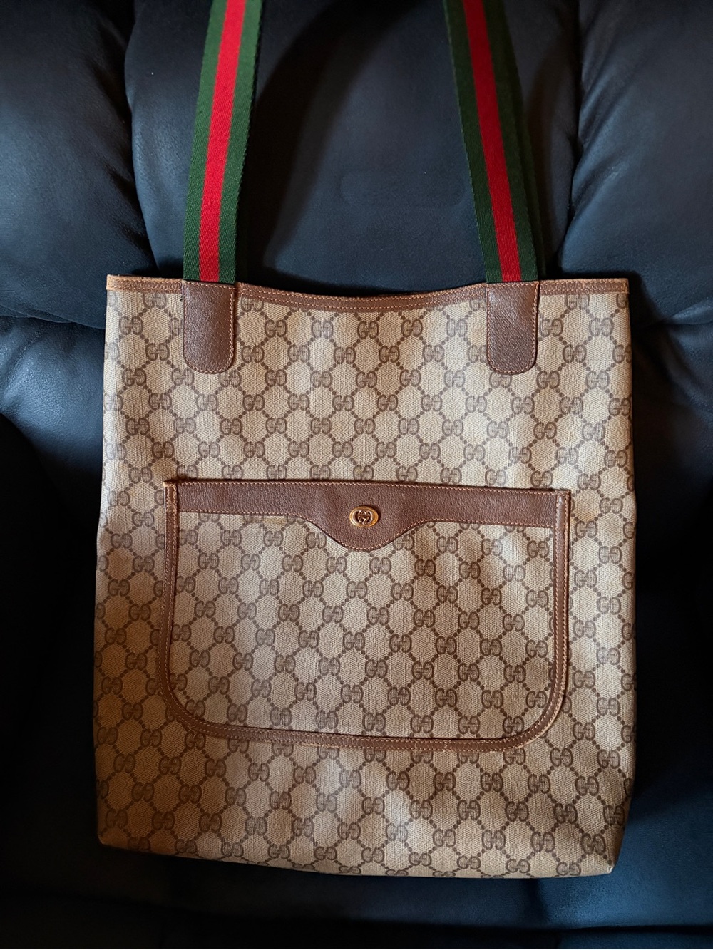 Gucci Beige Brown GG Canvas Tote with Green-Red Stripe Handles - Picture 5 of 13